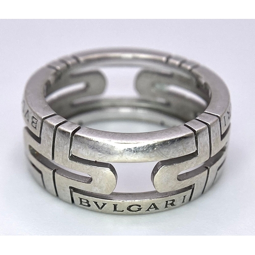 89 - 18K WHITE GOLD BVLGARI RING.
WEIGHS 6.8G AND SIZE 50 OR K.

REF: A/S 7013