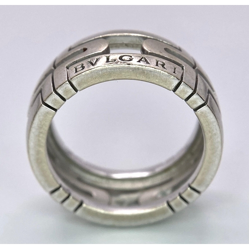 89 - 18K WHITE GOLD BVLGARI RING.
WEIGHS 6.8G AND SIZE 50 OR K.

REF: A/S 7013