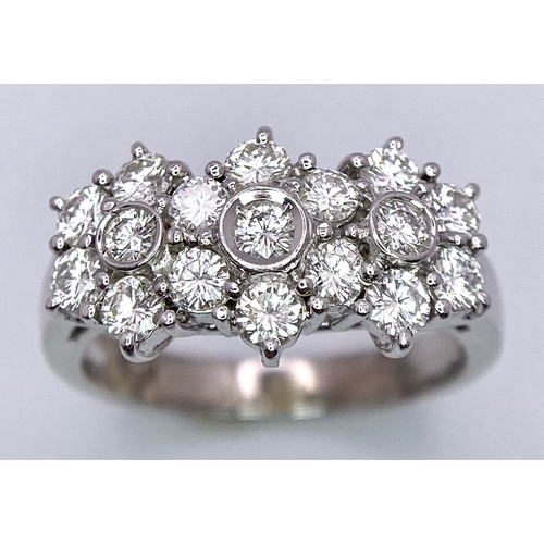 96 - 18K WHITE GOLD, FANCY TRIPLE DIAMOND CLUSTER RING.
0.80CTW, weighs 5.9G.
SIZE: N

REF: RPM 7002