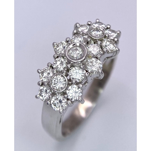 96 - 18K WHITE GOLD, FANCY TRIPLE DIAMOND CLUSTER RING.
0.80CTW, weighs 5.9G.
SIZE: N

REF: RPM 7002