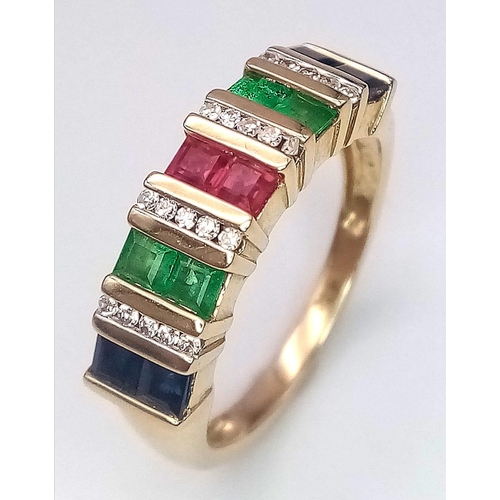 242 - 9K YELLOW GOLD DIAMOND, RUBY, EMERALD & SAPPHIRE RING. WEIGHS 3.5G AND SIZE M.

REF: SC 7087