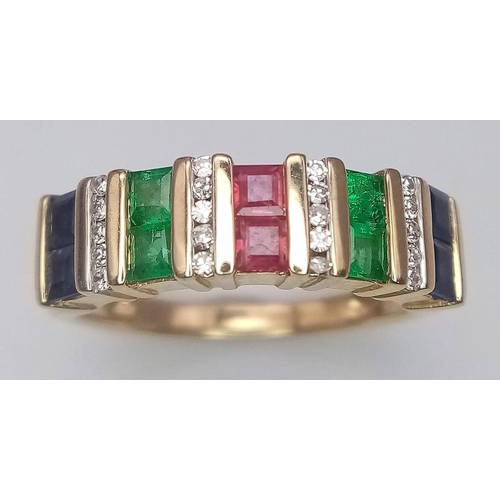 242 - 9K YELLOW GOLD DIAMOND, RUBY, EMERALD & SAPPHIRE RING. WEIGHS 3.5G AND SIZE M.

REF: SC 7087