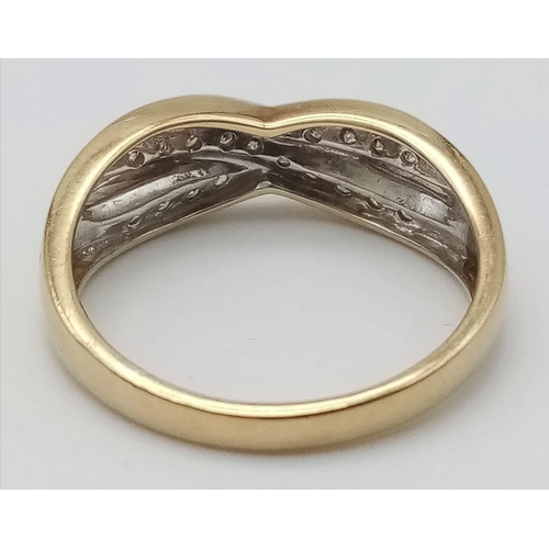 599 - 9K YELLOW GOLD, DIAMOND 2 ROW CROSSOVER RING.
0.25CTW, WEIGHS 2.6G AND SIZE O.

REF: SC 7085