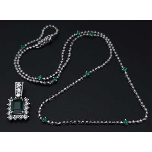 785 - An 18K White Gold, Diamond, Emerald Pendant and a Platinum, Diamond and Emerald Necklace. Pendant - ... 