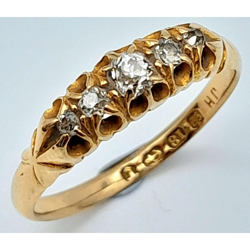 306 - AN ANTIQUE 18K GOLD 5 STONE DIAMOND RING WITH .30ct OF OLD CUT DIAMONDS .   2.6gms   size O