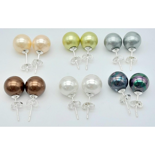 388 - Six Pairs of Colourful South Sea Pearl Shell Bead Stud Earrings. Six wonderful shades - 10mm. Set in... 