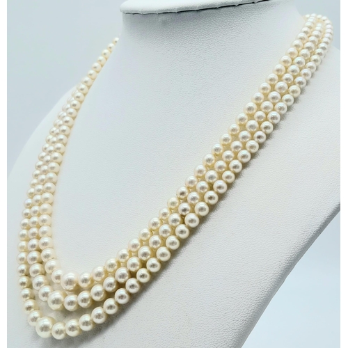 792 - A Vintage Three Row Seed Pearl Choker Necklace with 14k Gold Clasp. 38 - 42cm. 40g total weight. Ref... 