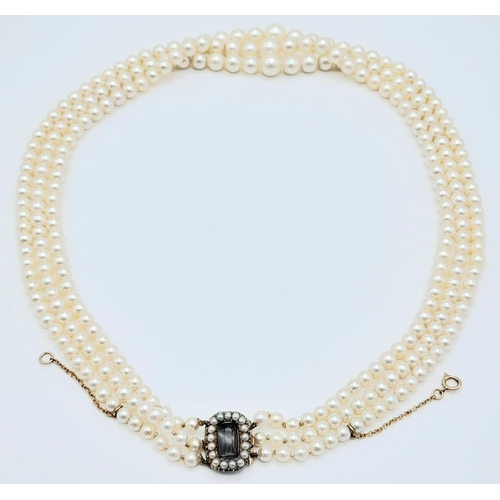 792 - A Vintage Three Row Seed Pearl Choker Necklace with 14k Gold Clasp. 38 - 42cm. 40g total weight. Ref... 