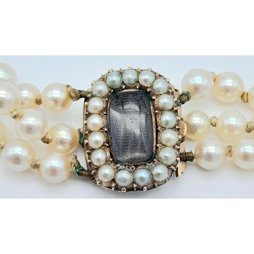 792 - A Vintage Three Row Seed Pearl Choker Necklace with 14k Gold Clasp. 38 - 42cm. 40g total weight. Ref... 