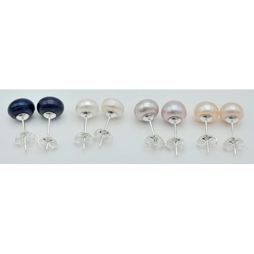 954 - Four Pairs of Different Coloured Freshwater Pearl 925 Silver Stud Earrings.