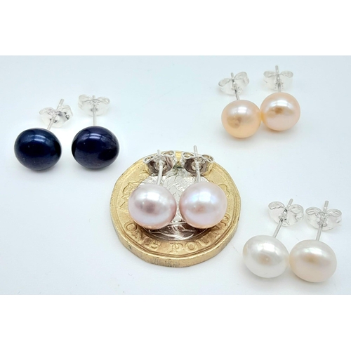 954 - Four Pairs of Different Coloured Freshwater Pearl 925 Silver Stud Earrings.