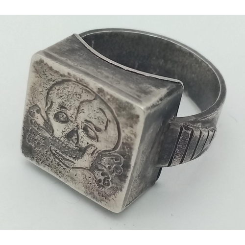 55 - 3rd Reich Waffen SS Totenkopf (Death’s Head) Division Bespoke Made Silver Ring with hidden compartme... 