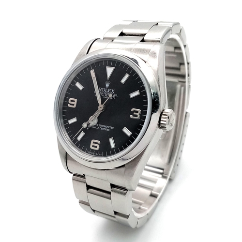 128 - A Vintage Rolex Oyster Perpetual Explorer Gents Watch. Stainless steel bracelet and case - 36mm. Bla... 