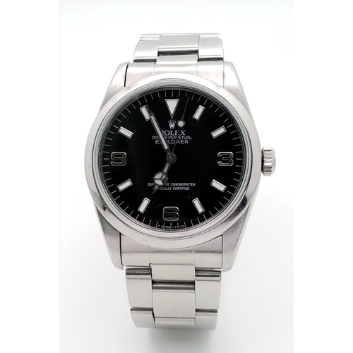 128 - A Vintage Rolex Oyster Perpetual Explorer Gents Watch. Stainless steel bracelet and case - 36mm. Bla... 