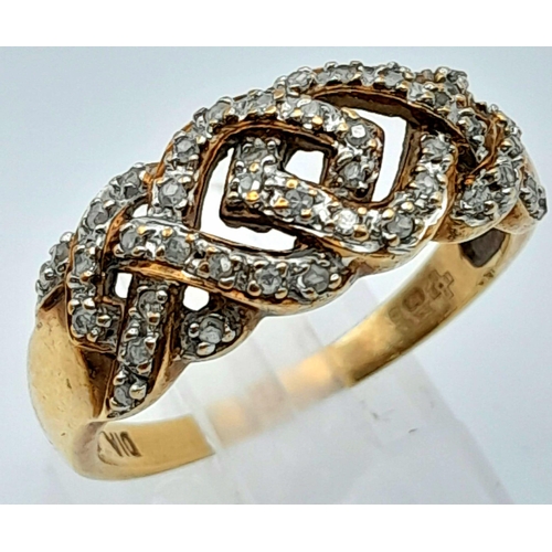 459 - 9K YELLOW GOLD, DIAMOND FANCY ENTANGLED RING.
0.40CTW. WEIGHS 3.4G AND SIZE T.

REF: SC 7066