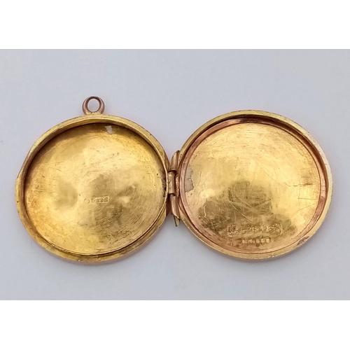 516 - AN ANTIQUE 9K ROSE GOLD ROUND ENGRAVED LOCKET. Hallmarked Chester, 1911. 2.5cm length, 2.8g weight.