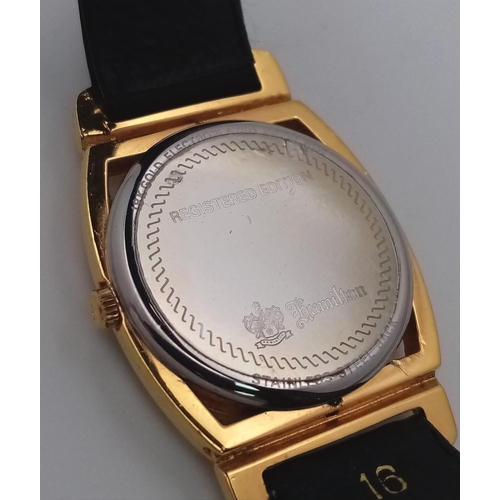 557 - A Men’s 1980’s Hamilton Piping Rock, 18 Carat Gold Electroplated, Second
Dial Quartz Watch Being the... 