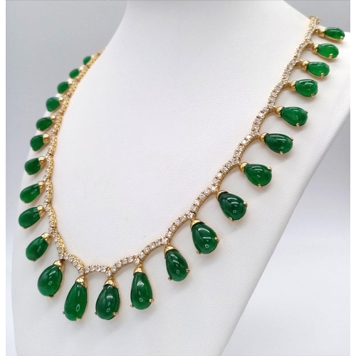 564 - An 18K Gold Emerald and Diamond Necklace. 44ctw of natural emerald hanging teardrops with over 150 r... 