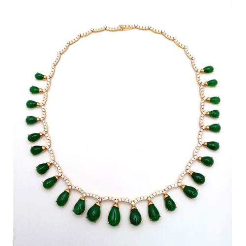 564 - An 18K Gold Emerald and Diamond Necklace. 44ctw of natural emerald hanging teardrops with over 150 r... 