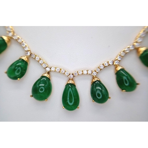 564 - An 18K Gold Emerald and Diamond Necklace. 44ctw of natural emerald hanging teardrops with over 150 r... 