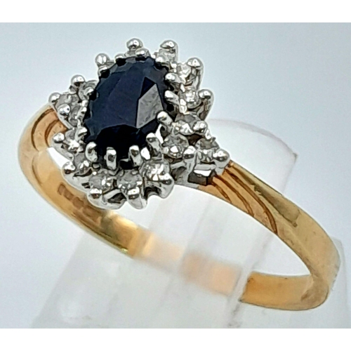 592 - 9K YELLOW GOLD, DIAMOND & SAPPHIRE CLUSTER RING. WEIGHS 2G AND SIZE N.

REF: SC 7080