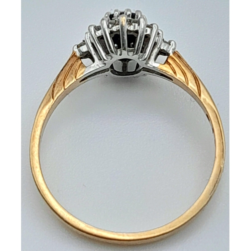 592 - 9K YELLOW GOLD, DIAMOND & SAPPHIRE CLUSTER RING. WEIGHS 2G AND SIZE N.

REF: SC 7080