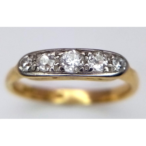 656 - A VINTAGE 18K YELLOW GOLD 5 STONE DIAMOND RING. Size L, 0.20ctw old cut diamonds, 2.6g total weight.