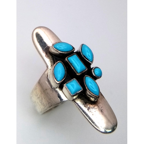 724 - A Vintage Sterling Silver Modernist Design Turquoise Set Ring Size O. Set
with Mult-shape Turquoise ... 