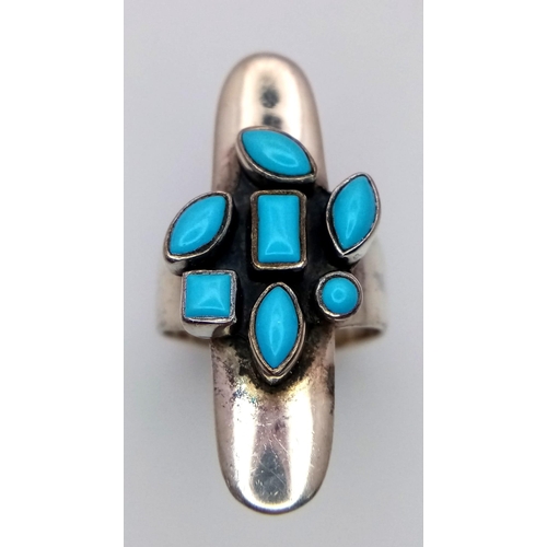 724 - A Vintage Sterling Silver Modernist Design Turquoise Set Ring Size O. Set
with Mult-shape Turquoise ... 