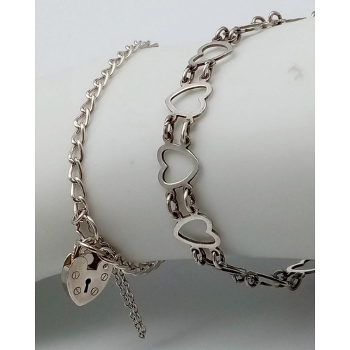 1056 - 2X sterling silver bracelets: one with heart linked, the other one come with a heart padlock. Total ... 