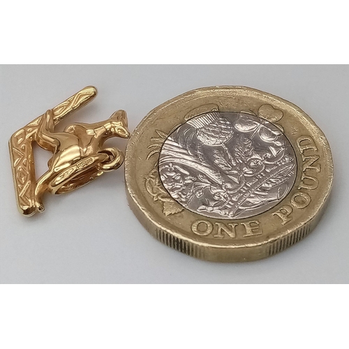 1068 - 9K YELLOW GOLD, AUSTRALIAN THEMED, KANGEROO ON A BOOMERANG CHARM/PENDANT.
WEIGHS 0.7G AND MEASURES 2... 