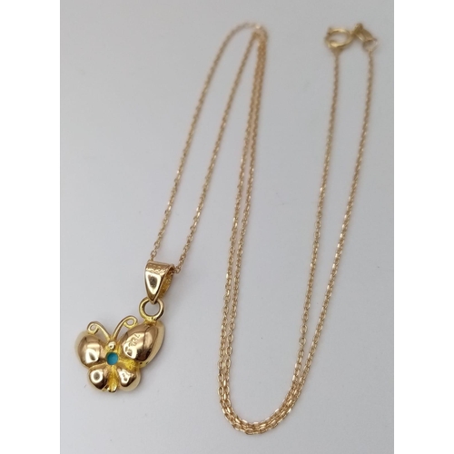 1367 - An 18K Yellow Gold and Turquoise Butterfly Pendant on an 18k Gold Disappearing Necklace. 2cm - Penda... 