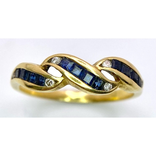 341 - AN 18K YELLOW GOLD DIAMOND & SAPPHIRE FANCY RING. Size O, 2.5g total weight.