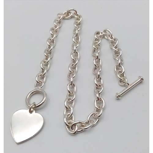 401 - An Excellent Condition, Heavyweight, Italian Sterling Silver T-Bar Love
Heart Necklace By Ti Sento, ... 