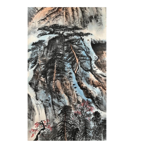 407 - Landscape, Chinese ink and watercolour on silk scroll; Attribute to Zhang Daqian.
Provenance:
Certif... 