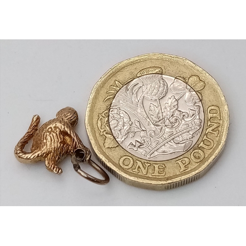 845 - A 9K GOLD MONKEY CHARM .   1.6gms