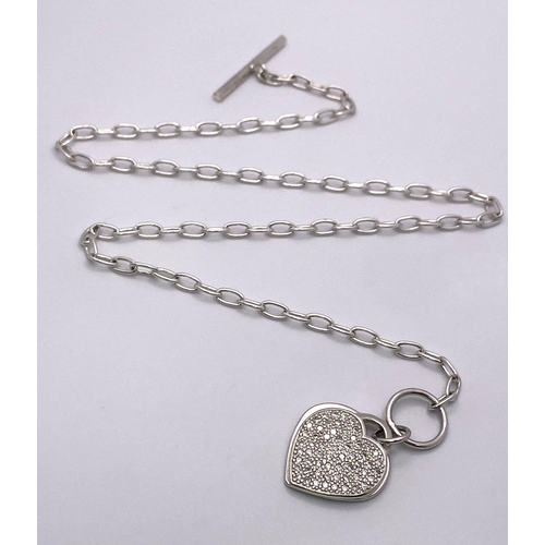 915 - An Ex.Display, Sterling Silver Cubic Zirconia Double Heart T-Bar Necklace.
43 cm Length Oval Link Ch... 