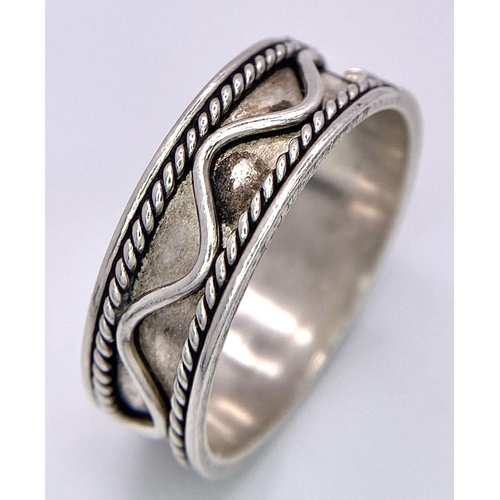 936 - 3 x STERLING SILVER FANCY BAND RINGS - AZTEC AND CELTIC DESIGNS. SIZES U, Q & M. 11.7G TOTAL WEIGHT.... 