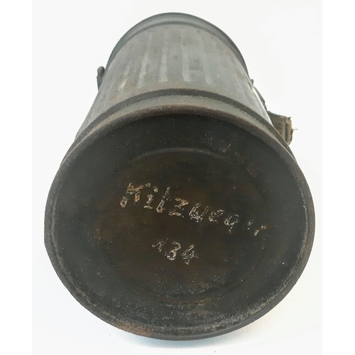 587 - WW2 German Medics Gas Mask Canister with soldiers name inside and on the bottom.