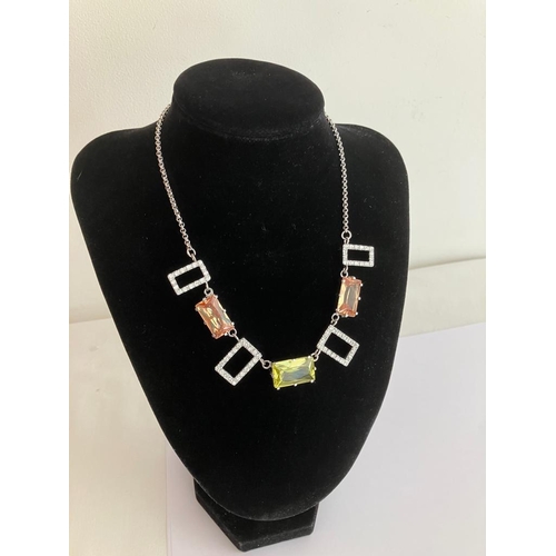 230 - SILVER BELCHER LINK NECKLACE set with large coloured gemstones  39 cm.