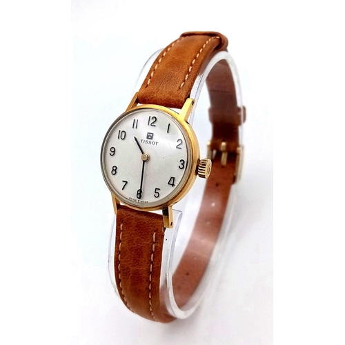 345 - A Lovely Vintage 18K Gold Cased Tissot Ladies Watch. Brown leather strap. 18k gold inner hallmarked ... 