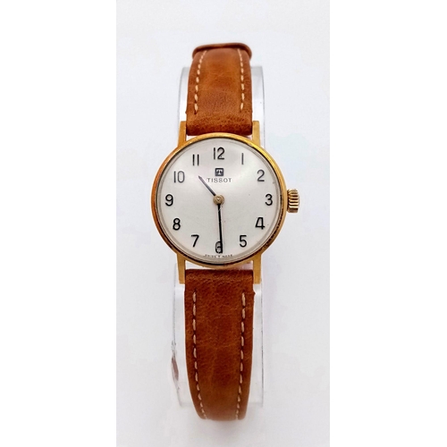 345 - A Lovely Vintage 18K Gold Cased Tissot Ladies Watch. Brown leather strap. 18k gold inner hallmarked ... 