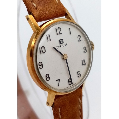 345 - A Lovely Vintage 18K Gold Cased Tissot Ladies Watch. Brown leather strap. 18k gold inner hallmarked ... 