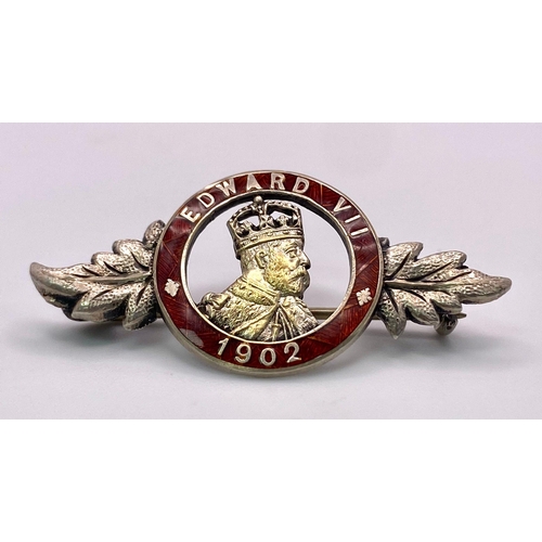 655 - An Extremely Rare, Fine Condition, Silver and Enamel Edward VII Brooch.
1902 Hallmarked by Charles H... 