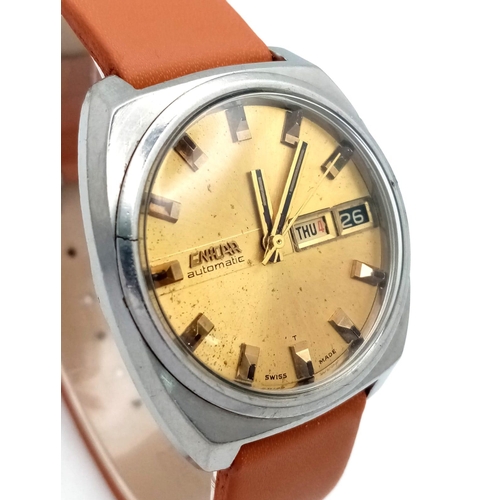 759 - A Vintage Enicar Automatic Gents Watch. Brown leather strap. Stainless steel case - Gilded dial with... 