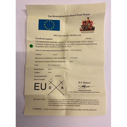 794 - A Deactivated Polish PPS -43 Sub Machine Gun. 9mm calibre  with a moving bolt under spring pressure.... 
