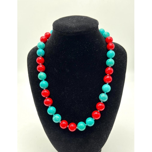 2747 - A Gorgeous Turquoise and Red Coral Bead Necklace. 12mm beads. 44cm necklace length.