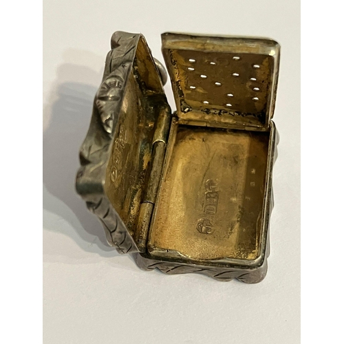 104 - Antique SILVER VINAIGRETTE Having foliate and scroll decoration to lid with gilded interior  grille.... 