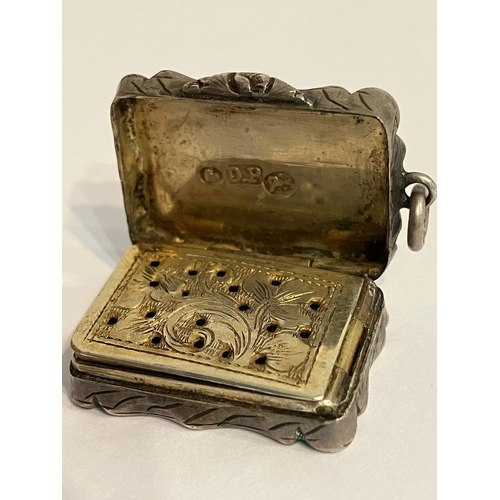 104 - Antique SILVER VINAIGRETTE Having foliate and scroll decoration to lid with gilded interior  grille.... 