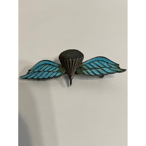 139 - Vintage WWII SILVER PARATROOPERS SWEETHEART BROOCH. Having Silver Parachute with blue enamel wings. ... 